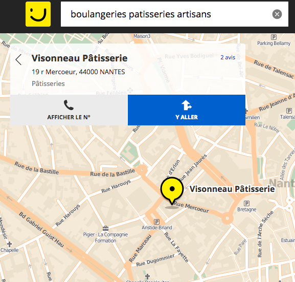 Résultat de recherche et bouton "y aller" sur le site des Pages Jaunes